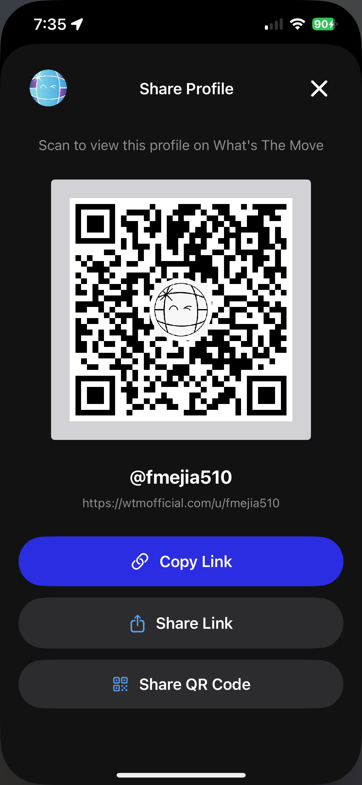 WTM app screen showing the profile QR code sharing feature